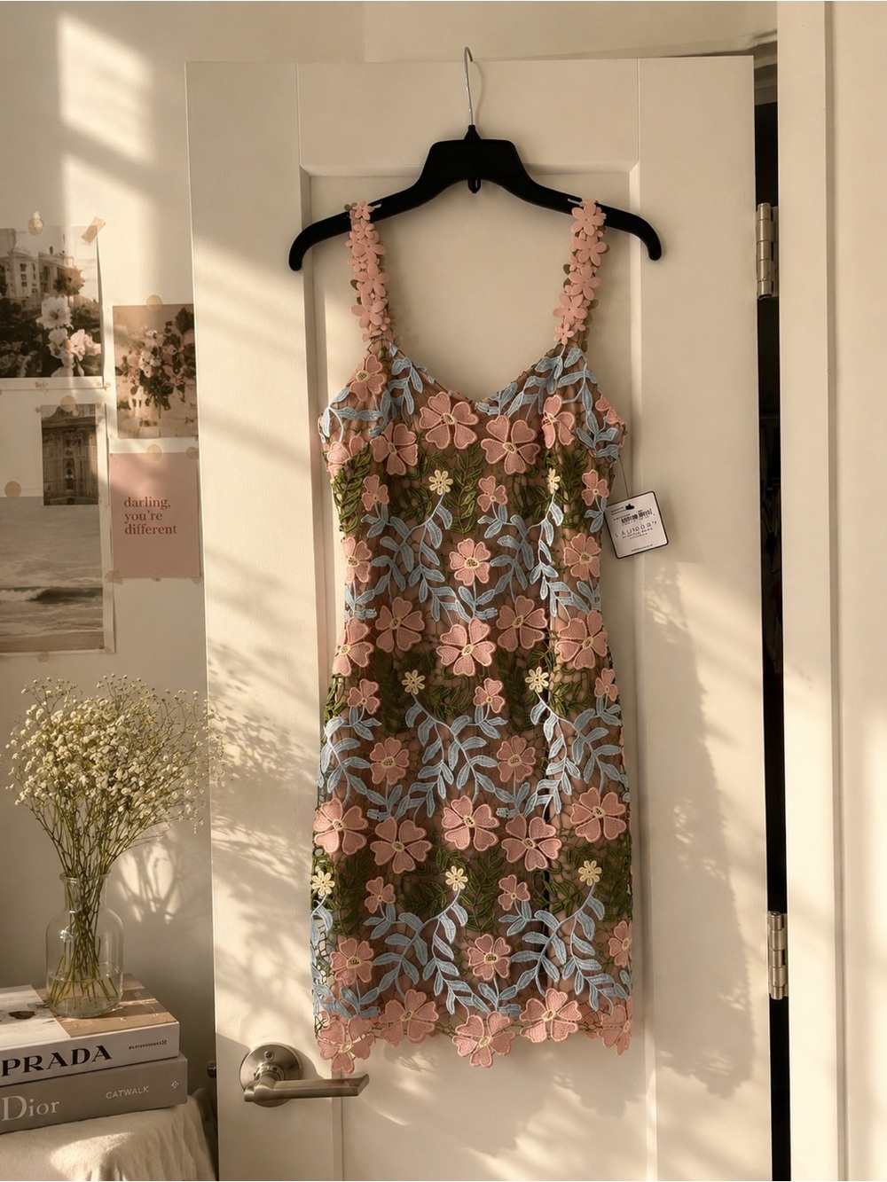 Laundry By Shelli Segal Pink & Olive Floral Lace Slip Dress